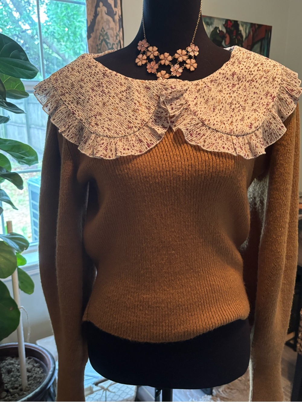 Zara Mustard Knit Sweater with Cream Floral Ruffle Collar - Picture 2 of 6